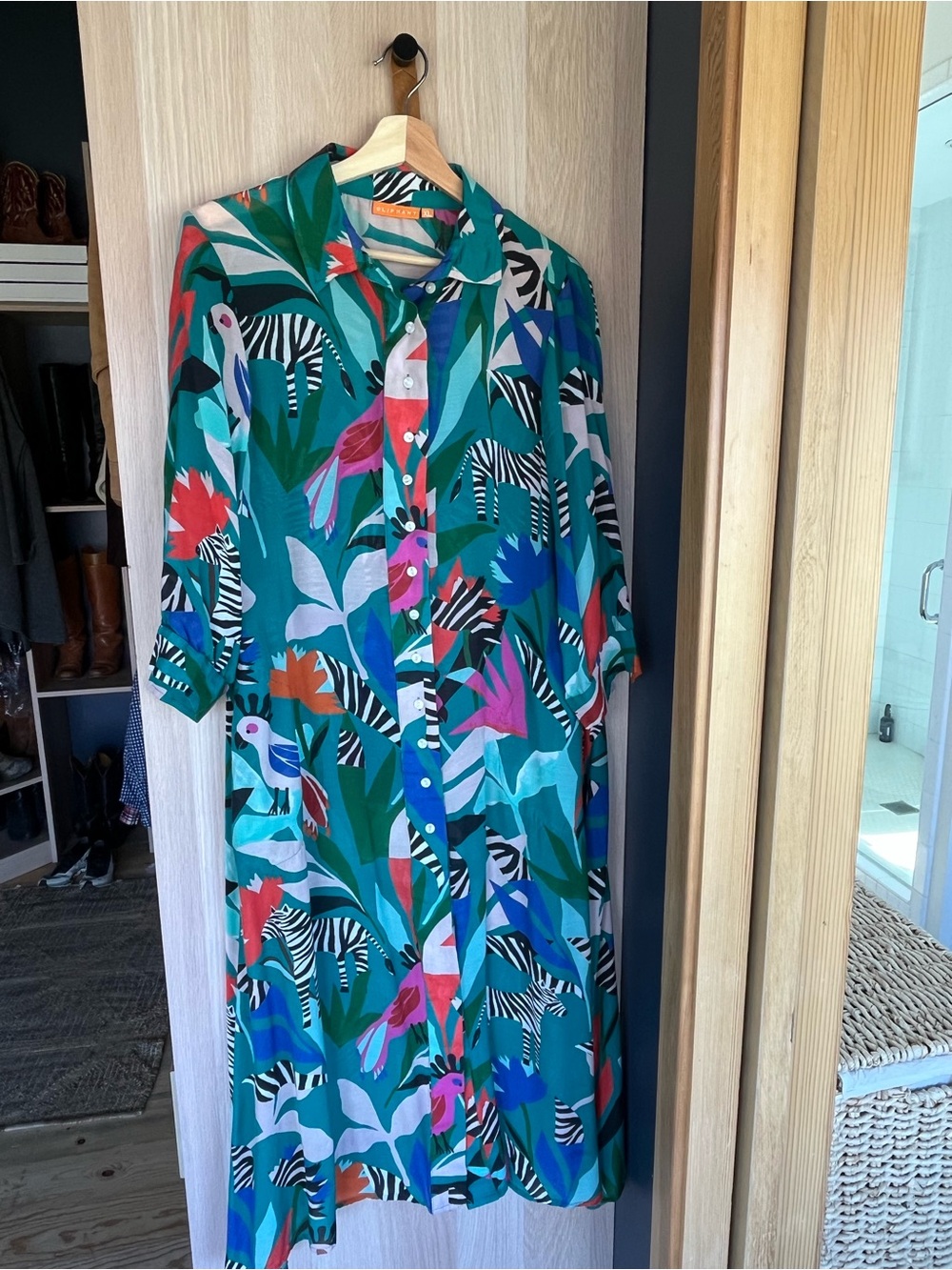 Oliphant Teal Multicolor Tropical Print Long-Sleeve Shirt Dress